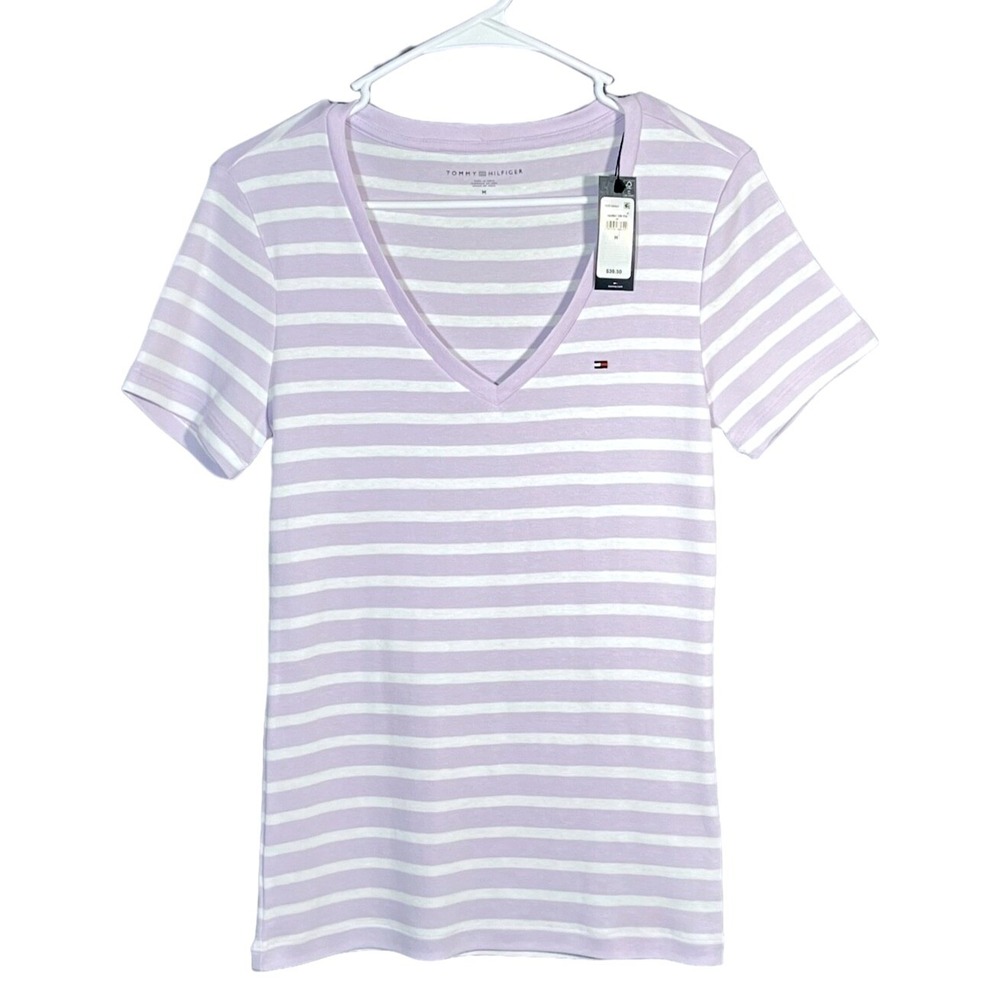 Tommy Hilfiger Women's Stripe V-Neck Top M Lavender Stretch Fabric 100% Cotton